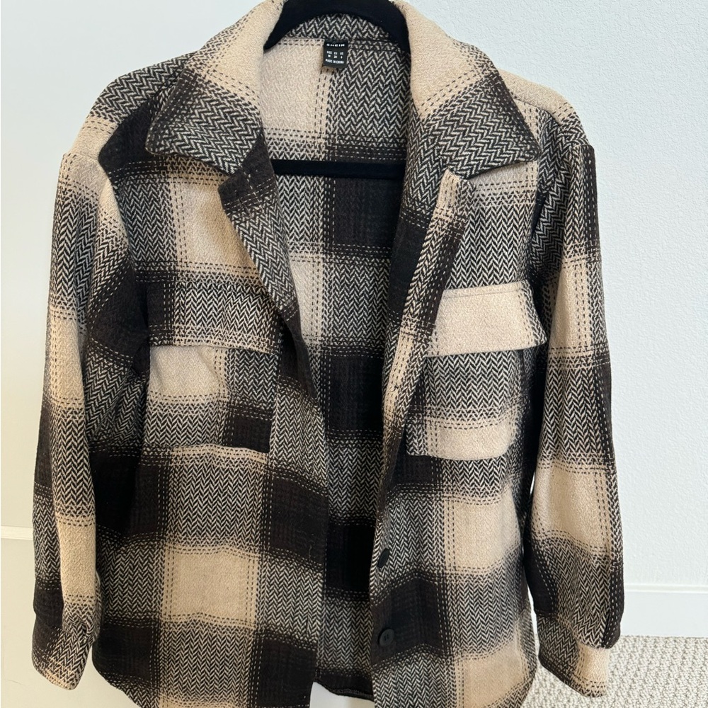 Black and Cream Utility Jacket with Plaid Pattern